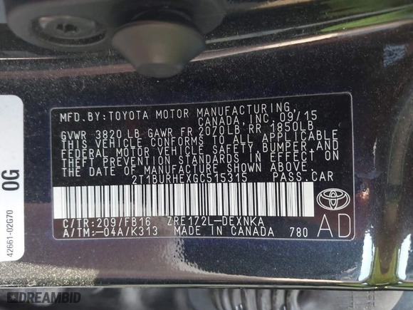 2016 Toyota Corolla L with VIN 2T1BURHEXGC515315, listed as a IAAI auction lot 41503855 with 71,819 mi miles. Bid and sale history available at carsss.com. Image 9.