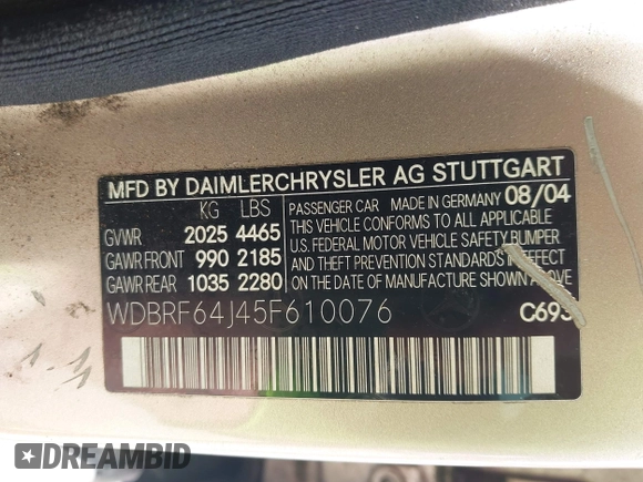 2005 Mercedes-Benz C 320 with VIN WDBRF64J45F610076, listed as a IAAI auction lot 42422374 with 136,991 mi miles and . Bid and sale history available at DreamBid. Image 9.
