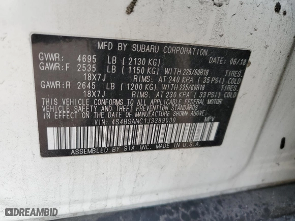 2018 Subaru Outback Limited with VIN 4S4BSANC1J3389030, listed as a Copart auction lot 46066065 with 0 mi miles and Salvage Title. Bid and sale history available at carsss.com. Image 13.