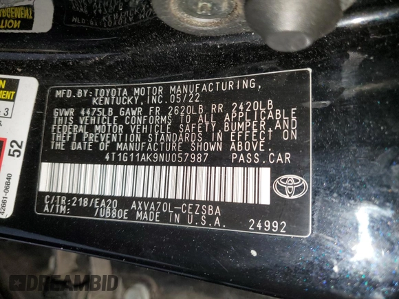2022 Toyota Camry SE z VIN 4T1G11AK9NU057987, wystawiony jako Copart lot #56749015 z przebiegiem 85 171 mil mil oraz Czysty tytuł • Clean title. Historia ofert i sprzedaży dostępna na DreamBid. Obrazek 12.
