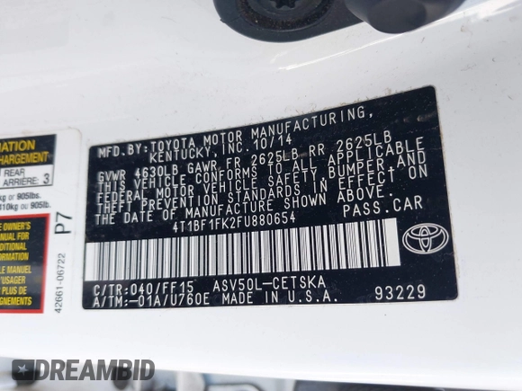 2015 Toyota Camry XLE with VIN 4T1BF1FK2FU880654, listed as a IAAI auction lot 42017935 with 146,152 mi miles and . Bid and sale history available at DreamBid. Image 9.