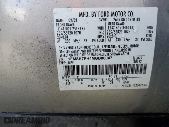 2021 Ford Explorer Limited z VIN 1FMSK7FH4MGB06047, wystawiony jako Copart lot #52697025 z przebiegiem 96 542 mil mil oraz Szkoda całkowita • Salvage title. Historia ofert i sprzedaży dostępna na DreamBid. Obrazek 14.