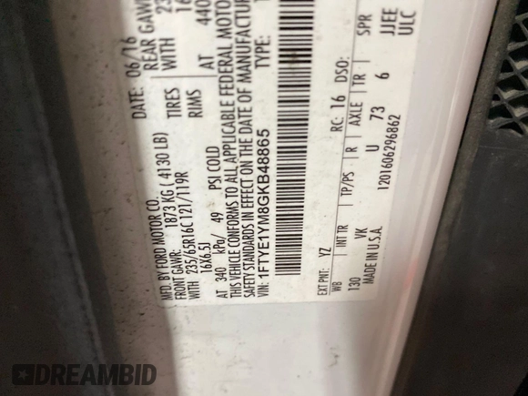 2016 Ford Transit Cargo with VIN 1FTYE1YM8GKB48865, listed as a IAAI auction lot 42843472 with 184,635 mi miles and . Bid and sale history available at DreamBid. Image 14.