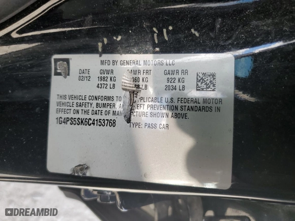 2012 Buick Verano Leather Group with VIN 1G4PS5SK6C4153768, listed as a Copart auction lot 74947344 with 257,104 mi miles and Non Repairable. Bid and sale history available at carsss.com. Image 12.