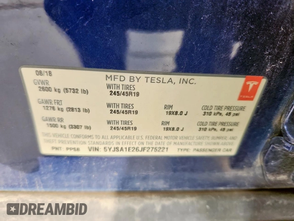 2018 Tesla Model S 75D с VIN 5YJSA1E26JF275221, выставлен на аукционе Copart как лот 61101885 с пробегом 122 530 миль миль и Списание • Salvage title. История ставок и продаж доступна на DreamBid. Изображение 12.