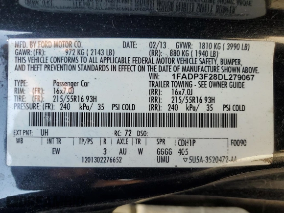 2013 Ford Focus SE с VIN 1FADP3F28DL279067, выставлен на аукционе Copart как лот 54717375 с пробегом 163 975 миль миль и Списание • Salvage title. История ставок и продаж доступна на DreamBid. Изображение 12.