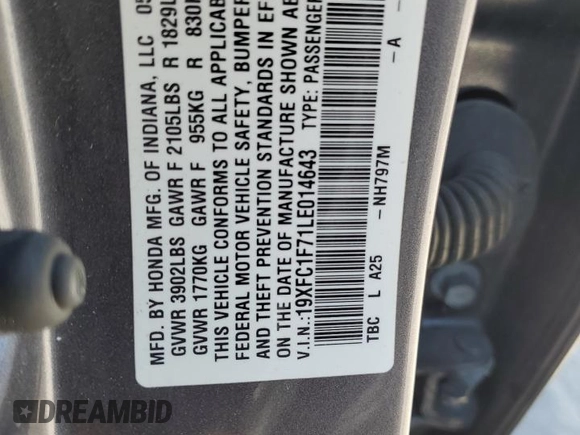 2020 Honda Civic EX-L z VIN 19XFC1F71LE014643, wystawiony jako Copart lot #57838095 z przebiegiem 87 228 mil mil oraz Nie do naprawy • Non repairable. Historia ofert i sprzedaży dostępna na DreamBid. Obrazek 13.