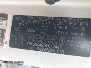 2011 Kia Optima EX with VIN KNAGN4A62B5147448, listed as a IAAI auction lot 41823132 with 219,412 mi miles and . Bid and sale history available at carsss.com. Image 9.