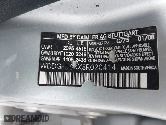 2008 Mercedes-Benz C 350 Sport with VIN WDDGF56XX8R020414, listed as a IAAI auction lot 42301129 with Not provided miles and . Bid and sale history available at DreamBid. Image 9.