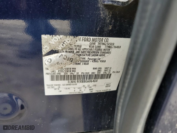 2011 Lincoln MKS with VIN 1LNHL9ER8BG606464, listed as a Copart auction lot 62649624 with 0 mi miles and Salvage Title. Bid and sale history available at carsss.com. Image 12.