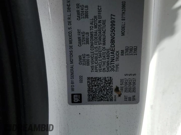 2022 GMC Sierra 1500 with VIN 3GTNUAED8NG509977, listed as a Copart auction lot 79484364 with Not Provided miles and Salvage Title. Bid and sale history available at DreamBid. Image 12.