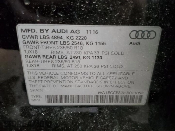 2017 Audi Q3 Premium with VIN WA1ECCFS7HR011053, listed as a Copart auction lot 50505645 with 78,842 mi miles and Salvage title. Bid and sale history available at DreamBid. Image 13.