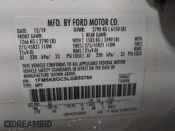 2020 Ford Explorer ST with VIN 1FM5K8GC5LGB55780, listed as a IAAI auction lot 41158868 with 60,462 mi miles and . Bid and sale history available at DreamBid. Image 9.