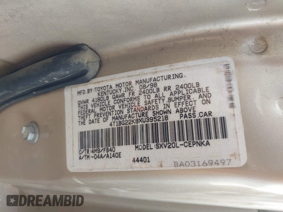 1999 Toyota Camry LE с VIN 4T1BG22K8XU395218, выставлен на аукционе IAAI как лот 42044784 с пробегом 301 664 миль миль и . История ставок и продаж доступна на DreamBid. Изображение 9.