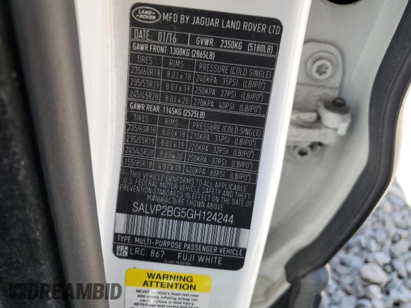 2016 Land Rover Range Rover Evoque SE with VIN SALVP2BG5GH124244, listed as a Copart auction lot 56497055 with 108,659 mi miles and Salvage title. Bid and sale history available at DreamBid. Image 12.