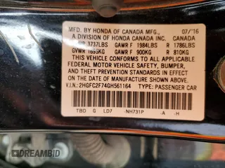 2016 Honda Civic EX with VIN 2HGFC2F74GH561164, listed as a Copart auction lot 54536215 with 86,445 mi miles and Salvage Title. Bid and sale history available at DreamBid. Image 12.