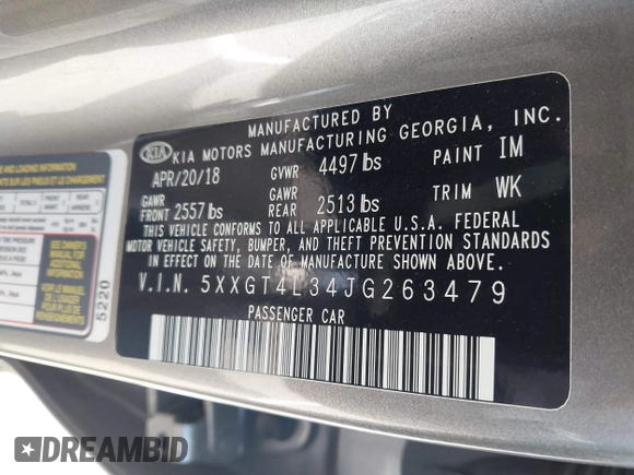 2018 Kia Optima S with VIN 5XXGT4L34JG263479, listed as a IAAI auction lot 42675426 with Not provided miles and . Bid and sale history available at DreamBid. Image 9.