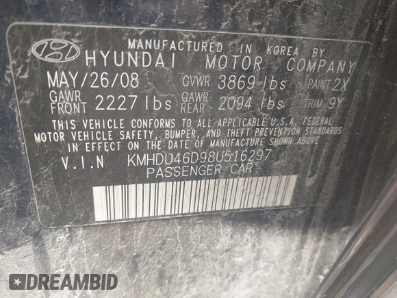 2008 Hyundai Elantra GLS z VIN KMHDU46D98U516297, wystawiony jako IAAI lot #42433346 z przebiegiem 186 495 mil mil oraz . Historia ofert i sprzedaży dostępna na DreamBid. Obrazek 9.