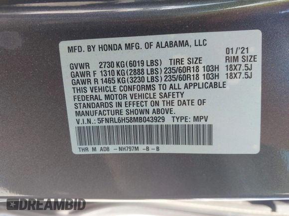 2021 Honda Odyssey EX z VIN 5FNRL6H58MB043929, wystawiony jako IAAI lot #42028687 z przebiegiem 59 668 mil mil oraz . Historia ofert i sprzedaży dostępna na DreamBid. Obrazek 9.