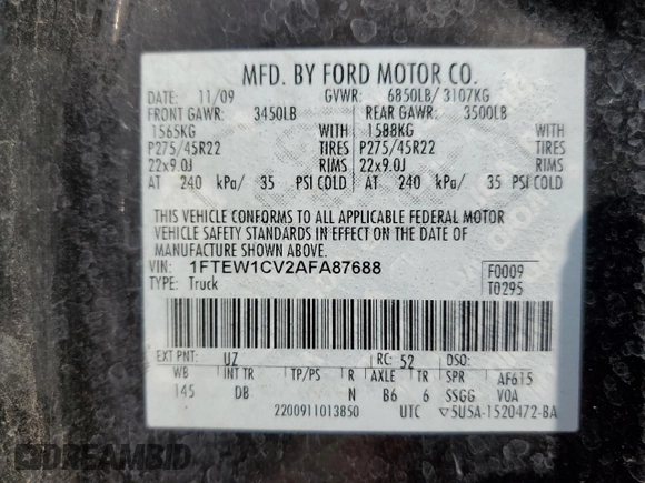 2010 Ford F-150 with VIN 1FTEW1CV2AFA87688, listed as a Copart auction lot 55324715 with 262,569 mi miles and Clean title. Bid and sale history available at DreamBid. Image 12.
