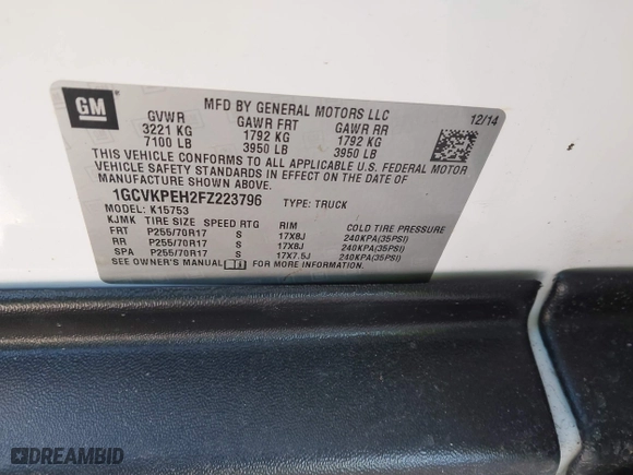 2015 Chevrolet Silverado 1500 Work Truck with VIN 1GCVKPEH2FZ223796, listed as a IAAI auction lot 41582070 with 185,929 mi miles. Bid and sale history available at carsss.com. Image 9.