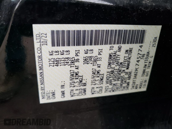 2023 Nissan Rogue S with VIN 5N1BT3AB2PC745774, listed as a Copart auction lot 56167075 with 22,710 mi miles and Salvage title. Bid and sale history available at DreamBid. Image 13.