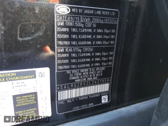 2020 Land Rover Discovery SE with VIN SALRG2RV2L2421958, listed as a Copart auction lot 76916524 with 62,478 mi miles and Clean Title. Bid and sale history available at DreamBid. Image 13.