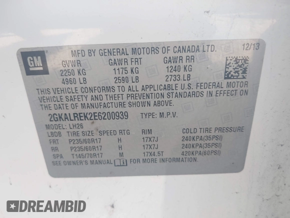 2014 GMC Terrain SLE with VIN 2GKALREK2E6200939, listed as a IAAI auction lot 42472385 with 169,827 mi miles and . Bid and sale history available at DreamBid. Image 9.