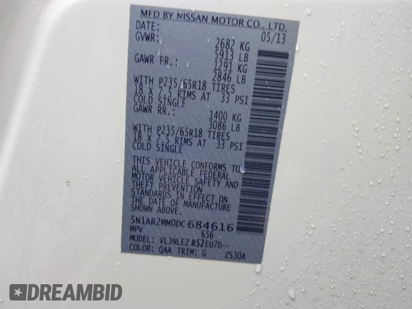 2013 Nissan Pathfinder SL with VIN 5N1AR2MM0DC684616, listed as a IAAI auction lot 41509202 with 118,087 mi miles and . Bid and sale history available at DreamBid. Image 9.