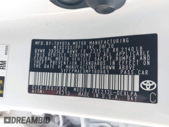 2021 Toyota Corolla LE with VIN 5YFEPMAEXMP160661, listed as a IAAI auction lot 41795003 with 82,470 mi miles and . Bid and sale history available at carsss.com. Image 9.