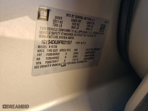 2015 Cadillac Escalade Premium with VIN 1GYS4CKJ8FR221557, listed as a Copart auction lot 46047345 with 155,020 mi miles and Salvage Title. Bid and sale history available at carsss.com. Image 14.