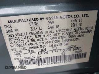 2006 Nissan Altima S with VIN 1N4AL11DX6N426069, listed as a IAAI auction lot 42057850 with 44,554 mi miles and . Bid and sale history available at DreamBid. Image 9.