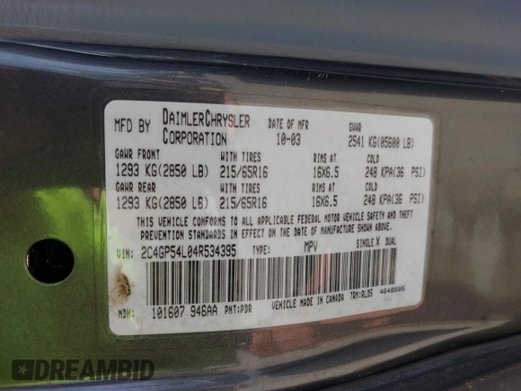 2004 Chrysler Town & Country Touring with VIN 2C4GP54L04R534395, listed as a IAAI auction lot 42182506 with 195,611 mi miles and . Bid and sale history available at DreamBid. Image 9.