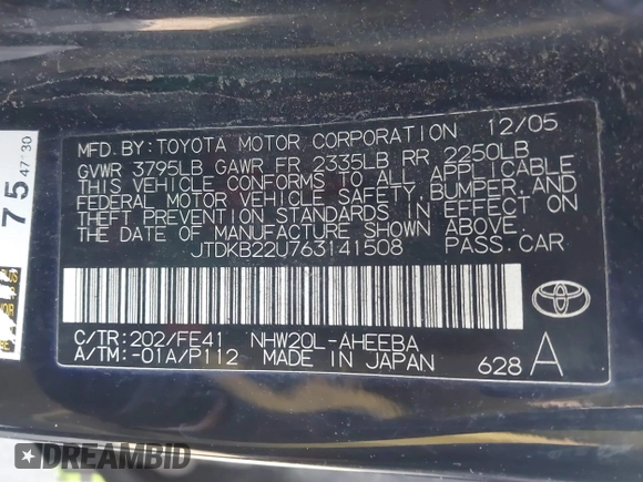 2006 Toyota Prius z VIN JTDKB22U763141508, wystawiony jako IAAI lot #41449413 z przebiegiem 243 914 mil mil oraz . Historia ofert i sprzedaży dostępna na DreamBid. Obrazek 9.