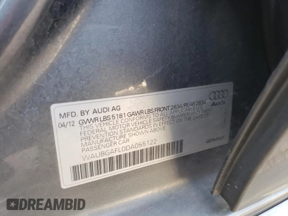 2013 Audi S4 Premium Plus with VIN WAUBGAFL0DA055122, listed as a Copart auction lot 76741884 with 52,248 mi miles and Salvage Title. Bid and sale history available at carsss.com. Image 12.
