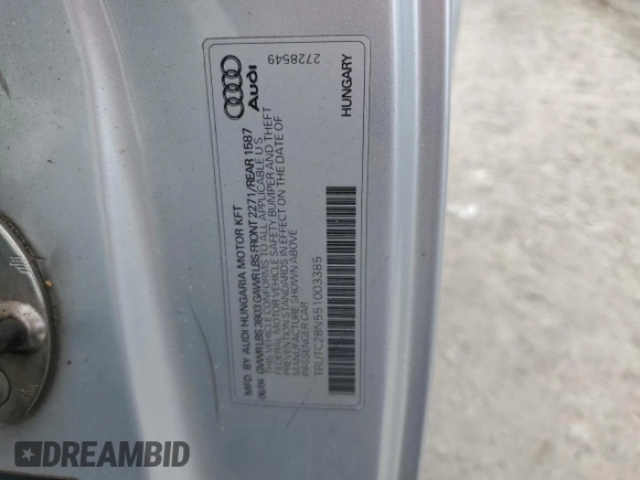 2005 Audi TT with VIN TRUTC28N551003385, listed as a Copart auction lot 47131125 with 102,278 mi miles and Salvage title. Bid and sale history available at DreamBid. Image 13.