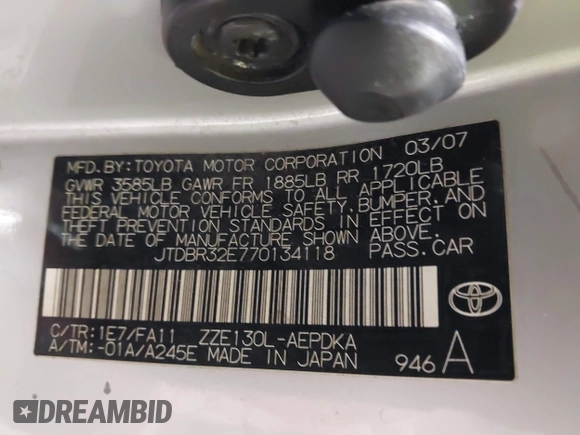 2007 Toyota Corolla CE with VIN JTDBR32E770134118, listed as a IAAI auction lot 41172178 with 158,021 mi miles and . Bid and sale history available at DreamBid. Image 9.