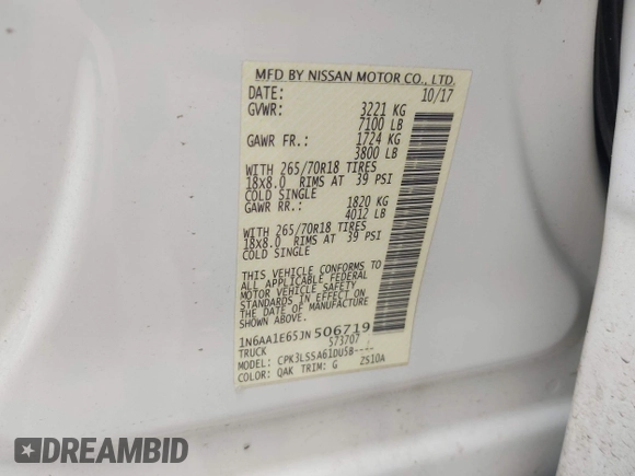 2018 Nissan Titan SV with VIN 1N6AA1E65JN506719, listed as a IAAI auction lot 42162605 with 81,255 mi miles. Bid and sale history available at carsss.com. Image 9.