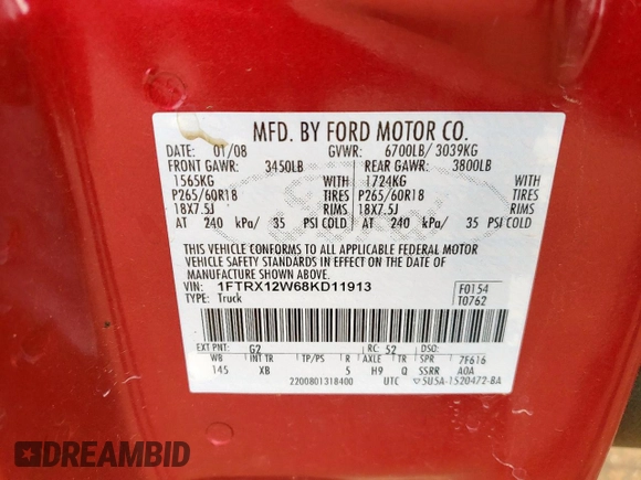 2008 Ford F-150 STX with VIN 1FTRX12W68KD11913, listed as a Copart auction lot 57166435 with 186,576 mi miles and Salvage title. Bid and sale history available at DreamBid. Image 12.