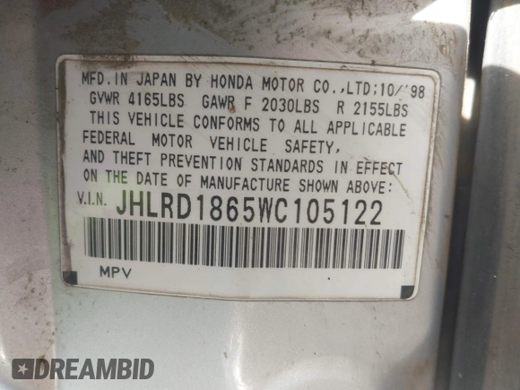 1998 Honda CR-V EX with VIN JHLRD1865WC105122, listed as a IAAI auction lot 41402405 with 148,469 mi miles. Bid and sale history available at carsss.com. Image 9.
