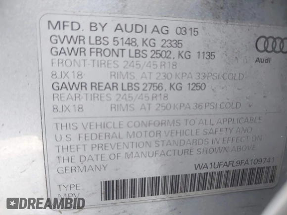 2015 Audi allroad Premium Plus with VIN WA1UFAFL9FA109741, listed as a IAAI auction lot 41283680 with 116,755 mi miles. Bid and sale history available at carsss.com. Image 9.