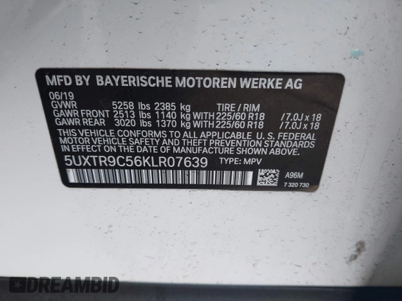 2019 BMW X3 xDrive30i with VIN 5UXTR9C56KLR07639, listed as a IAAI auction lot 41867750 with 63,497 mi miles. Bid and sale history available at carsss.com. Image 9.