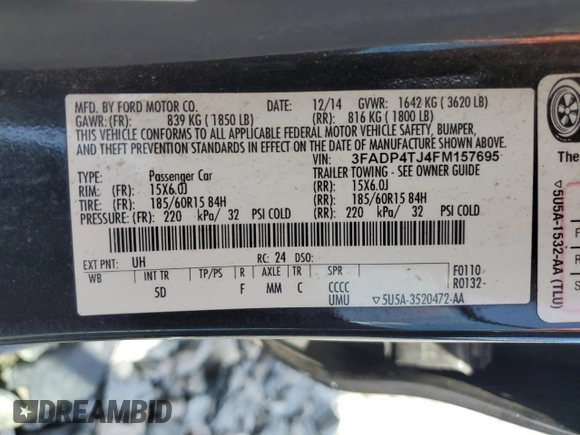 2015 Ford Fiesta S с VIN 3FADP4TJ4FM157695, выставлен на аукционе Copart как лот 61397085 с пробегом 136 563 миль миль и Чистый • Clean title. История ставок и продаж доступна на DreamBid. Изображение 12.