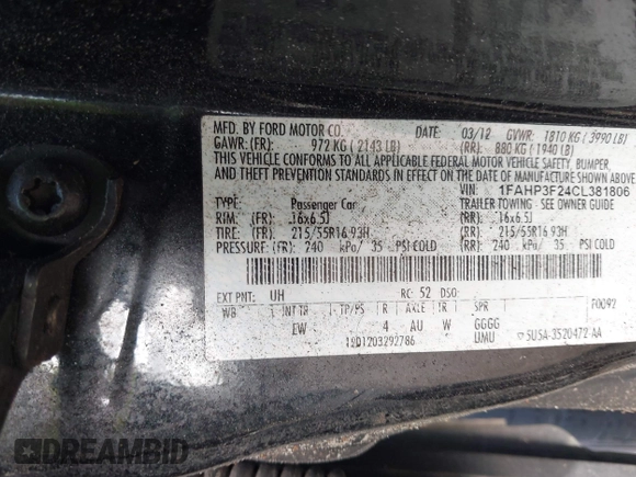 2012 Ford Focus SE with VIN 1FAHP3F24CL381806, listed as a IAAI auction lot 42058773 with Not Provided miles and . Bid and sale history available at DreamBid. Image 9.