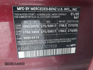 2002 Mercedes-Benz M 320/430/500 with VIN 4JGAB75E82A327928, listed as a IAAI auction lot 41694926 with 190,187 mi miles and . Bid and sale history available at DreamBid. Image 9.