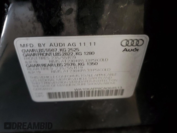 2012 Audi Q5 3.2L Premium Plus with VIN WA1DKAFP8CA064513, listed as a Copart auction lot 50029255 with 134,351 mi miles and Clean Title. Bid and sale history available at carsss.com. Image 12.