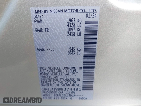 2024 Nissan Altima S with VIN 1N4BL4BV8RN374491, listed as a IAAI auction lot 40843321 with 19,992 mi miles and . Bid and sale history available at carsss.com. Image 9.