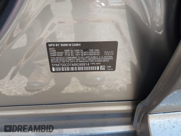 2021 BMW X3 M with VIN 5YMTS0C01M9G99914, listed as a IAAI auction lot 42190720 with 42,917 mi miles and . Bid and sale history available at DreamBid. Image 9.