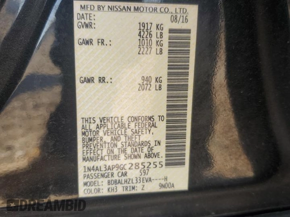 2016 Nissan Altima SR with VIN 1N4AL3AP9GC285255, listed as a Copart auction lot 48812415 with Not Provided miles and Salvage Title. Bid and sale history available at carsss.com. Image 14.