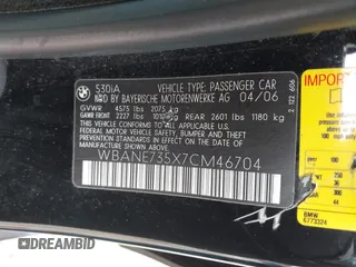 2007 BMW 5 Series 530i with VIN WBANE735X7CM46704, listed as a IAAI auction lot 41766712 with 172,163 mi miles. Bid and sale history available at carsss.com. Image 9.